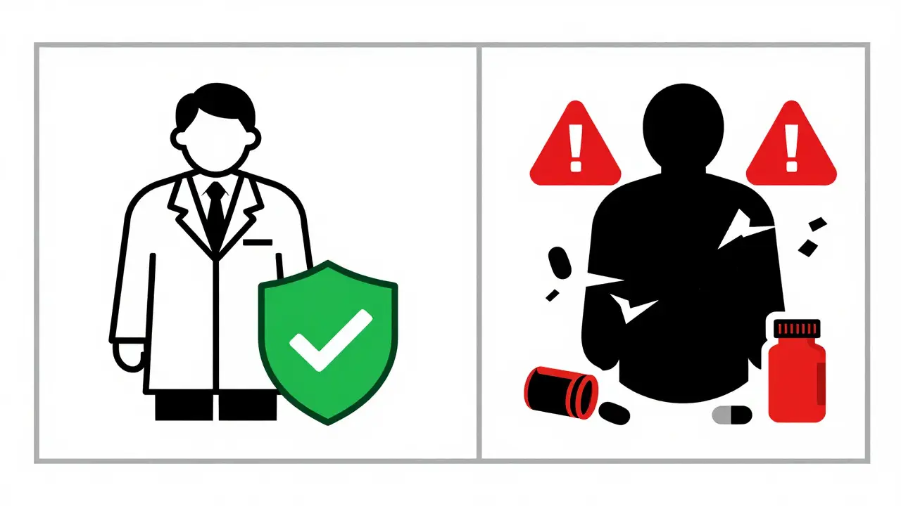Comparaison graphique minimaliste entre un pharmacien certifié sûr et un vendeur illégal dangereux.