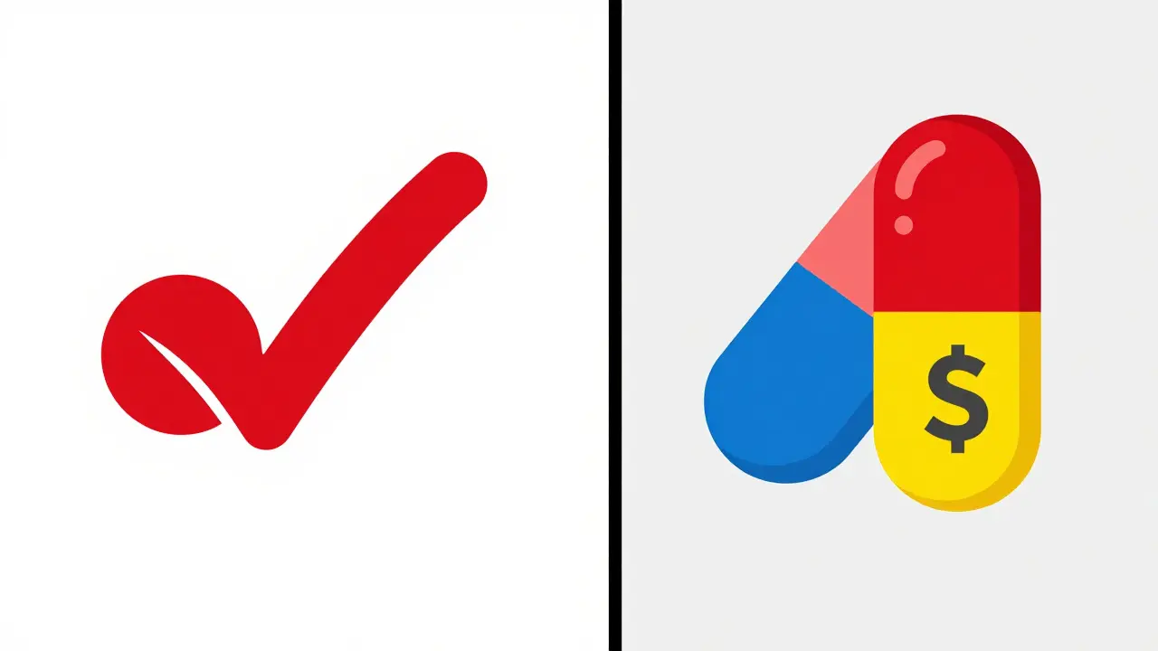 Comparaison graphique simple entre pilules rouges et symboles de coût