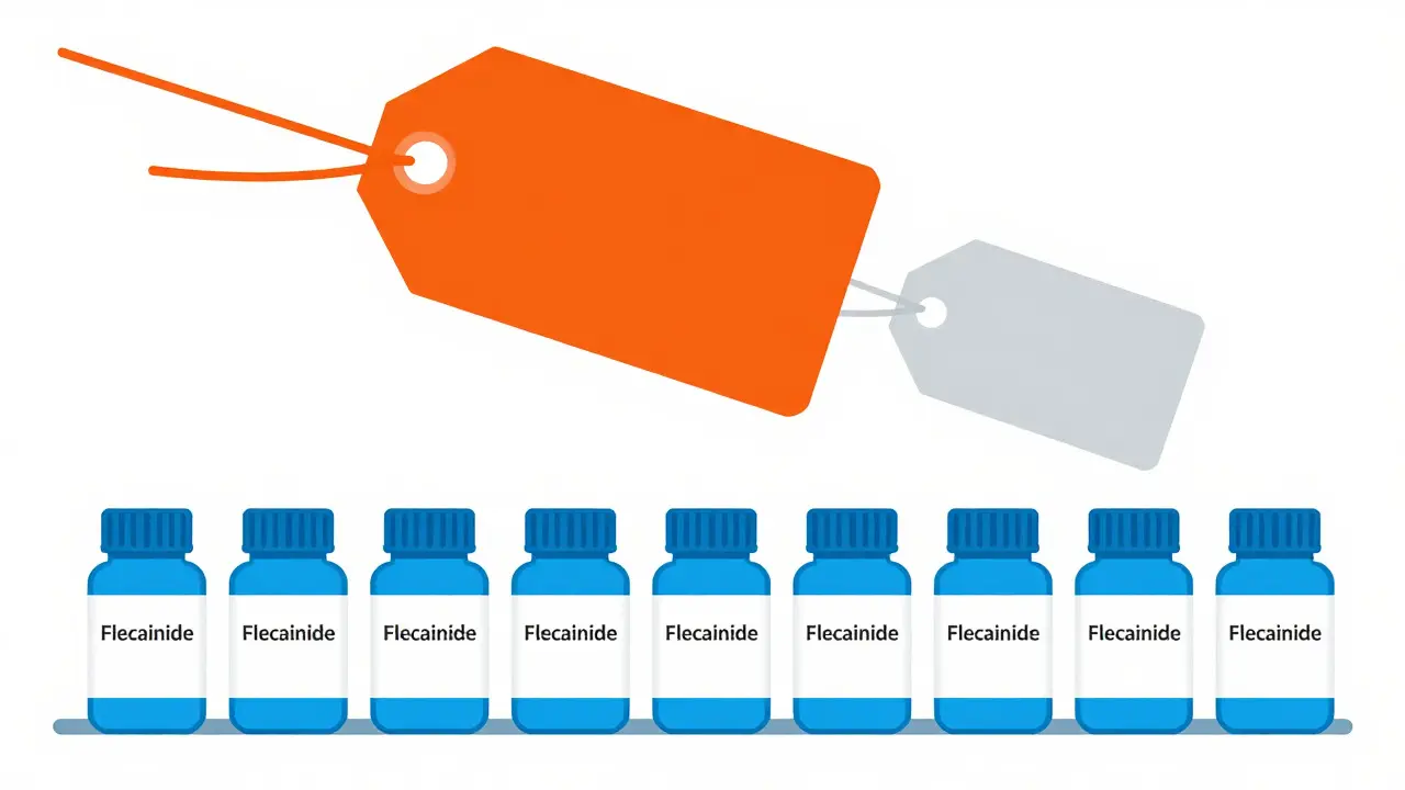 Étiquettes de prix et bouteilles de médicaments alignées proprement