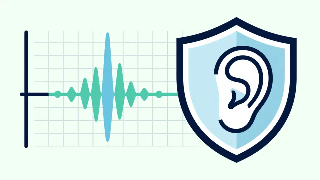Graphique d'audiogramme abstrait et bouclier protecteur autour d'une oreille stylisée