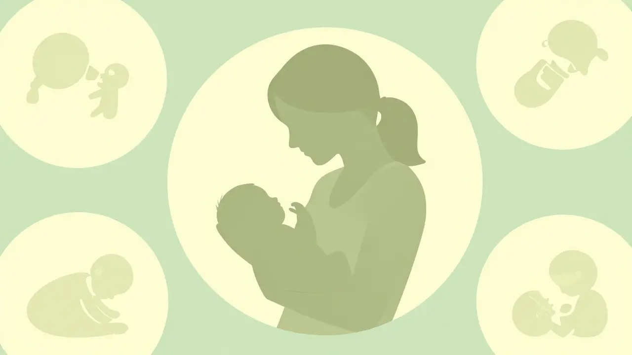 Mère et nouveau-né dans une composition apaisante style illustration suisse