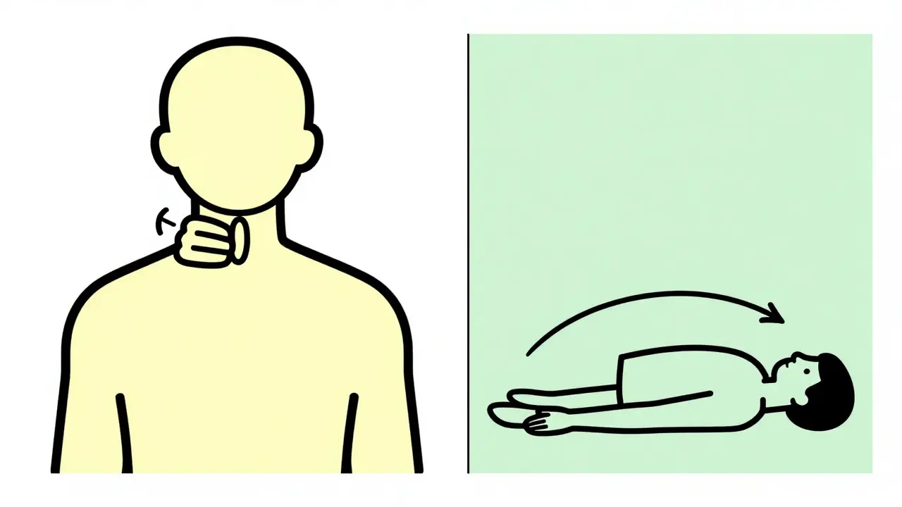 Comparaison visuelle d'exercices de mobilité cervicale et d'extension lombaire en style graphique plat