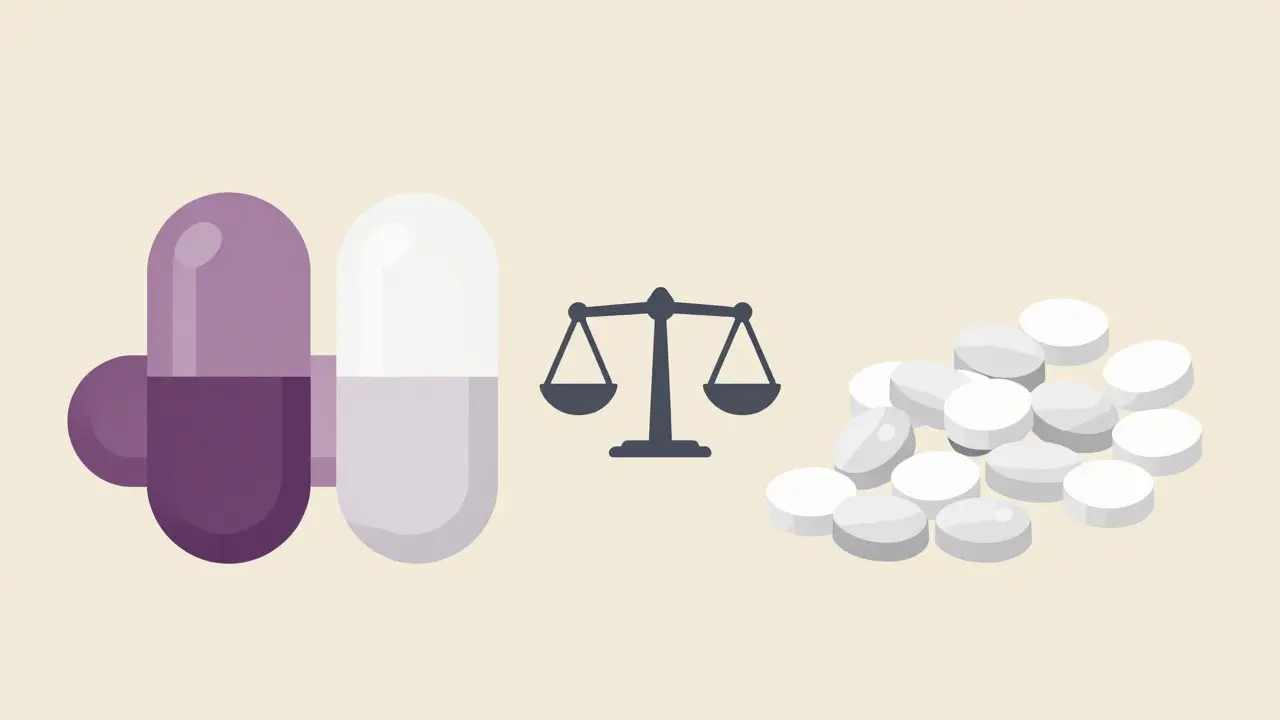 Comparison of large and small medication capsules with a balance scale