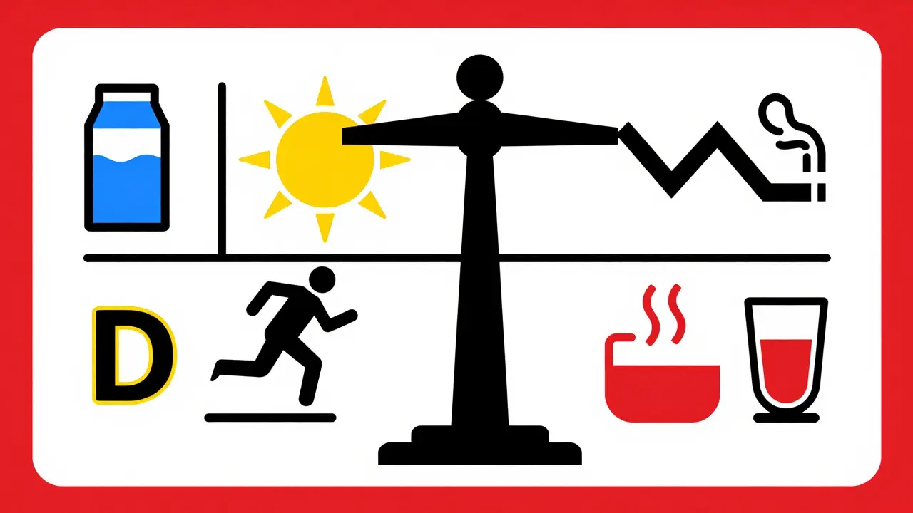 Infographie minimaliste représentant les facteurs de prévention comme le calcium et l'exercice.
