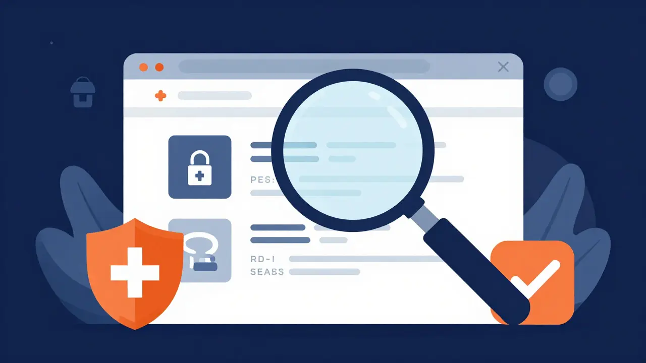 Loupe inspectant des icônes de sécurité sur une interface web abstraite