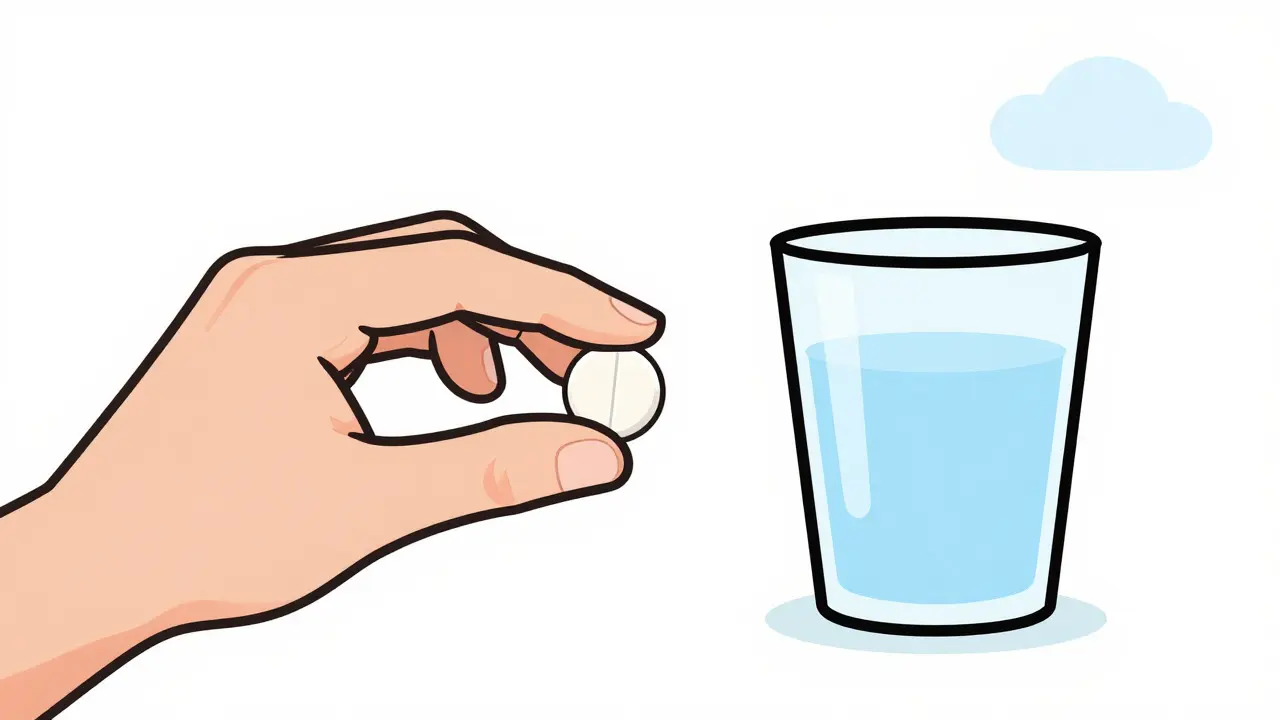 Main tenant une pilule blanche et un verre d'eau sur fond minimaliste bleu clair