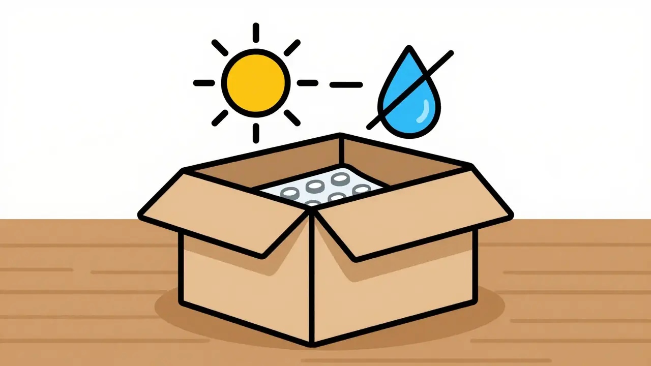 Medication box with icons indicating protection from heat and moisture