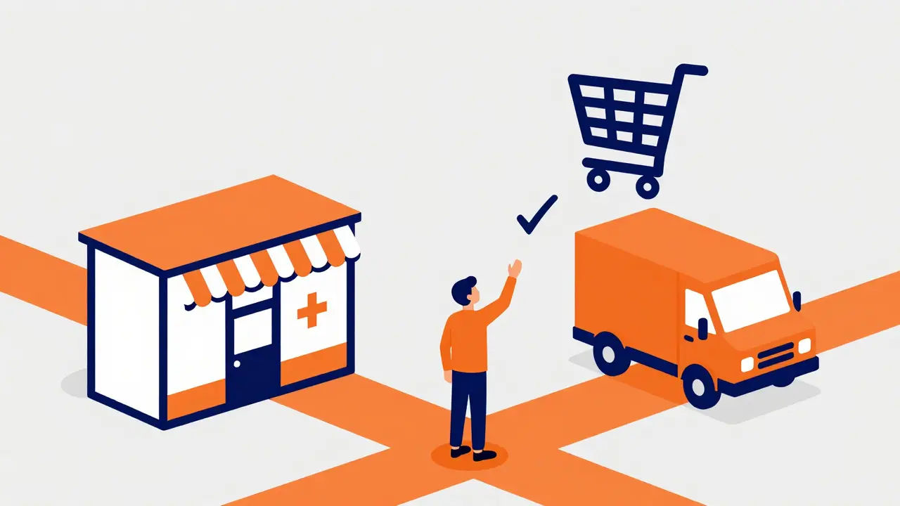 Personnage hésitant entre pharmacie physique et achat en ligne