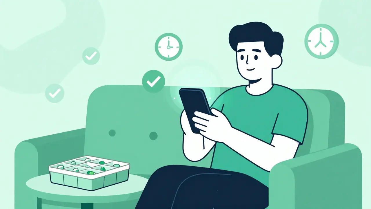 Personne utilisant une application mobile et un organisateur de pilules pour suivre son traitement
