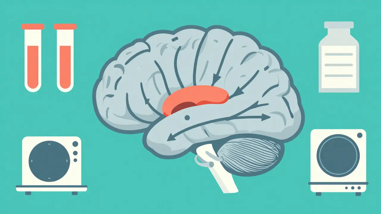 Vue stylisée de l'hypophyse et du cerveau illustrant le processus de diagnostic hormonal