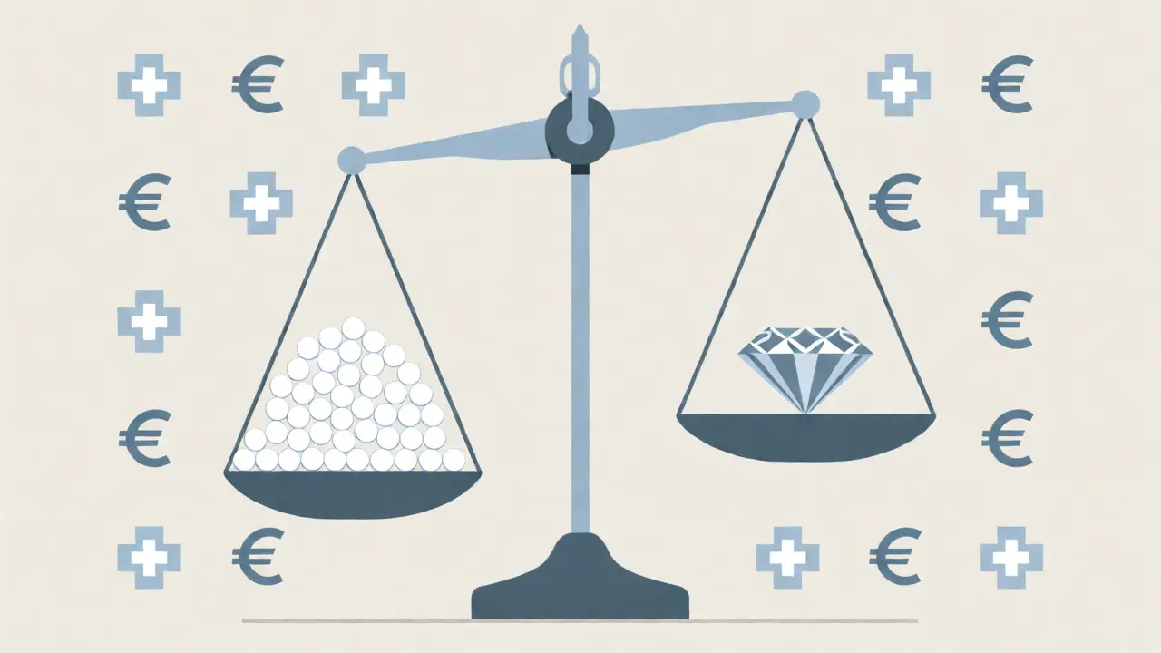 Balance abstraite pesant le volume des génériques contre le poids financier d'une marque.