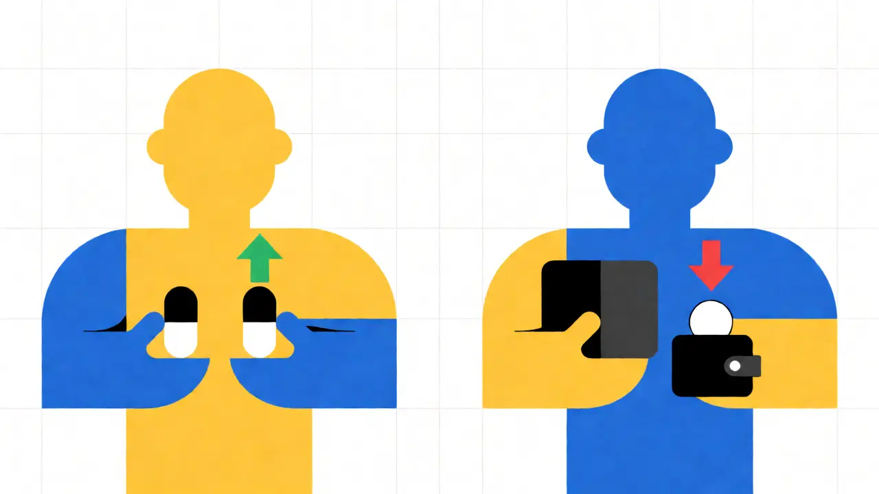 Comparaison graphique entre la prise de deux pilules génériques et une association fixe coûteuse.