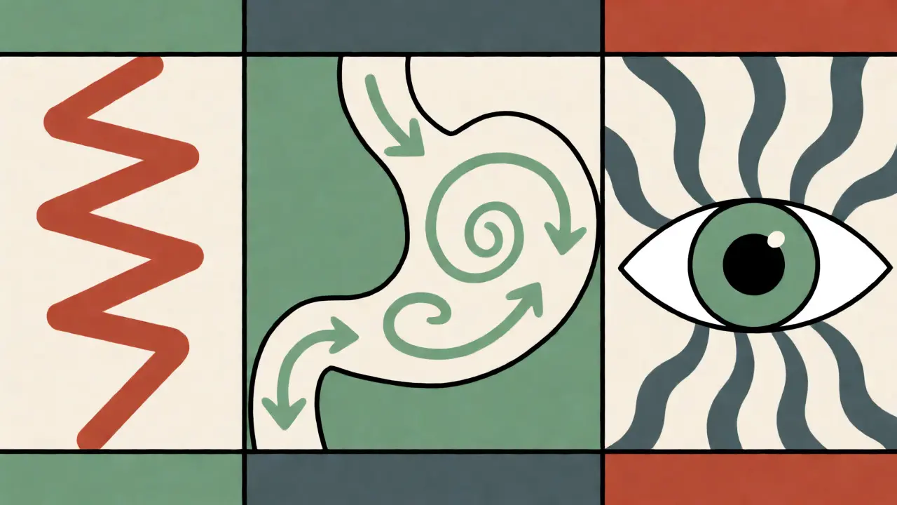 Composition géométrique abstraite illustrant les symptômes physiques comme la nausée et les vertiges.