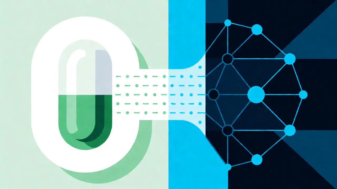 Concept visuel reliant la pilule digitale à l'intelligence artificielle prédictive